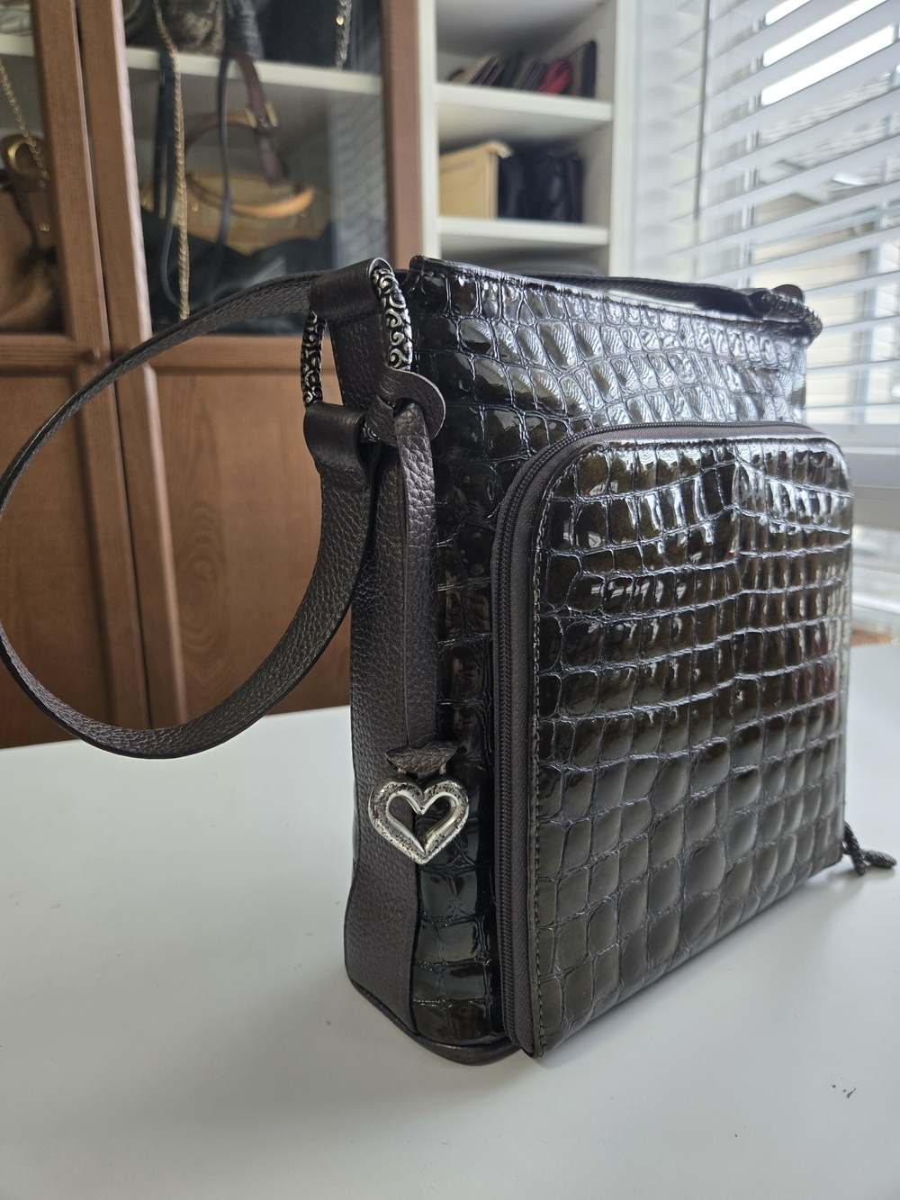 Brighton Black Croc-Embossed Shoulder Bag with Heart Charm